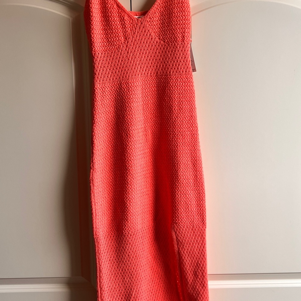 Coral Knit Midi Slip Dress with Side Slit